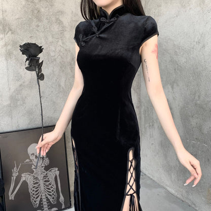 Cheongsam Dress Improved Dress Summer New Chinese Style Sexy Slit Lace-up Cool Chic Black Temperament Long Dress 2023