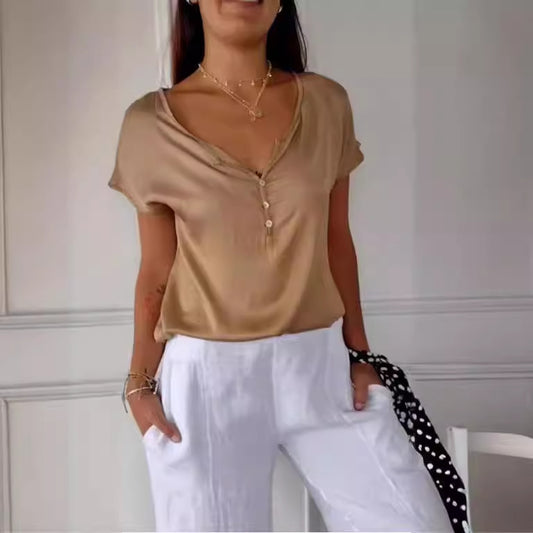 ANTMVS  Summer Cross-Border European and American  New Loose Casual Simple Commute Short-Sleeved Top