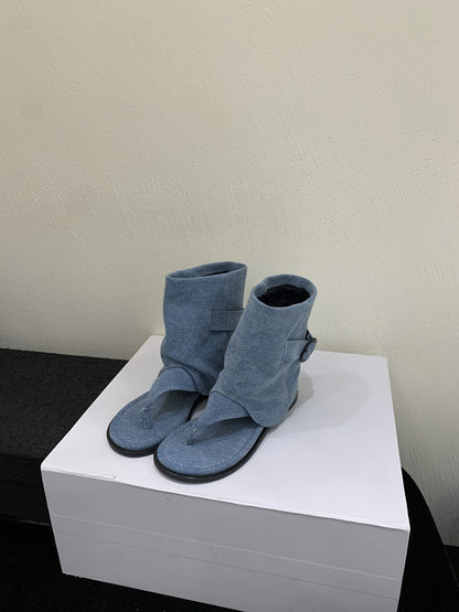 Pants Boots Denim Blue for Women Western Cowboy Boot  Summer New Herringbone Flip Toe Short Tube Sandal Boots Pile Style Boots Sandals