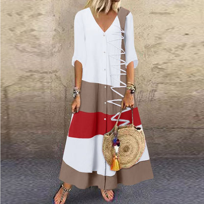 ANTMVS  European American Summer New  Independent Station Wishv Collar Short Sleeve Printed Long Dress Button Casual Skirt