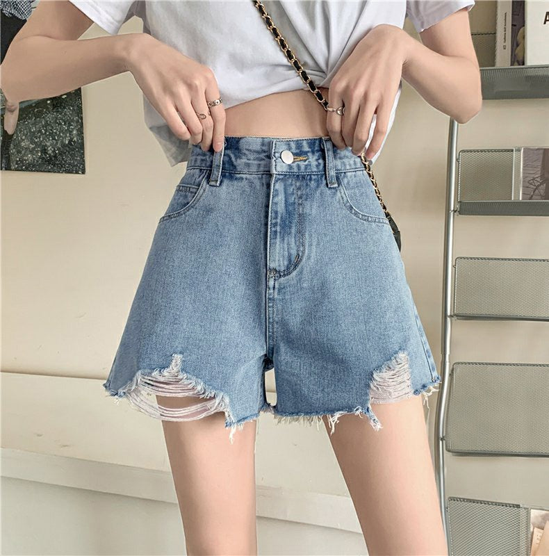 Antmvs Black Jeans Shorts for Women  Summer New Korean Style Ripped High Waist Slimming Hot Pants Hot Girl Wide-Leg Pants