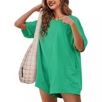 Antmvs -  Faleave Rompers for Women Casual Short Sleeve Oversized Athletic Jumpsuits Workout Reversible Hot Shot Tee Romper Overalls