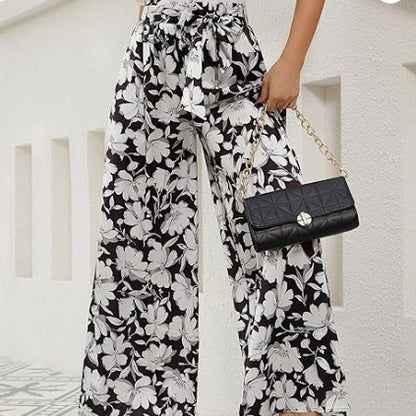 Antmvs Cross-Border HOTan and NEWn New Fashion Women's Printed Wear High Waist Lace-up  Casual Wide Leg Temperament Commute Trousers