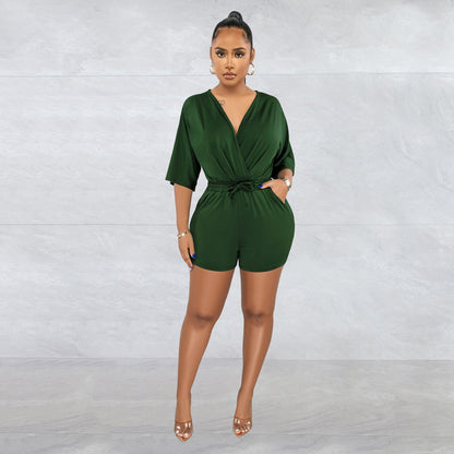 ANTMVSC6308   2025 fashion women's clothing solid color lace-up V-neck medium-sleeved shorts jumpsuit women