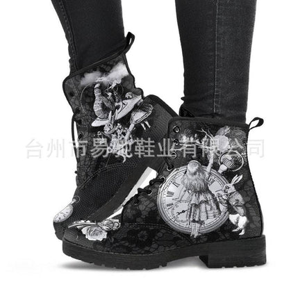 Cross-Border Foreign Trade plus Size Autumn and Winter Women's Martin Boots Wonderland Gothic Print British Leather Tooling Combat Boots