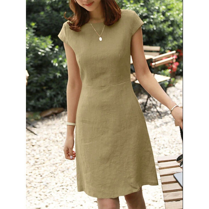 ANTMVS  Spring  Independent Station  Cross-Border Foreign Trade Back Large V Zipped round Neck Solid Color Short Sleeve Dress