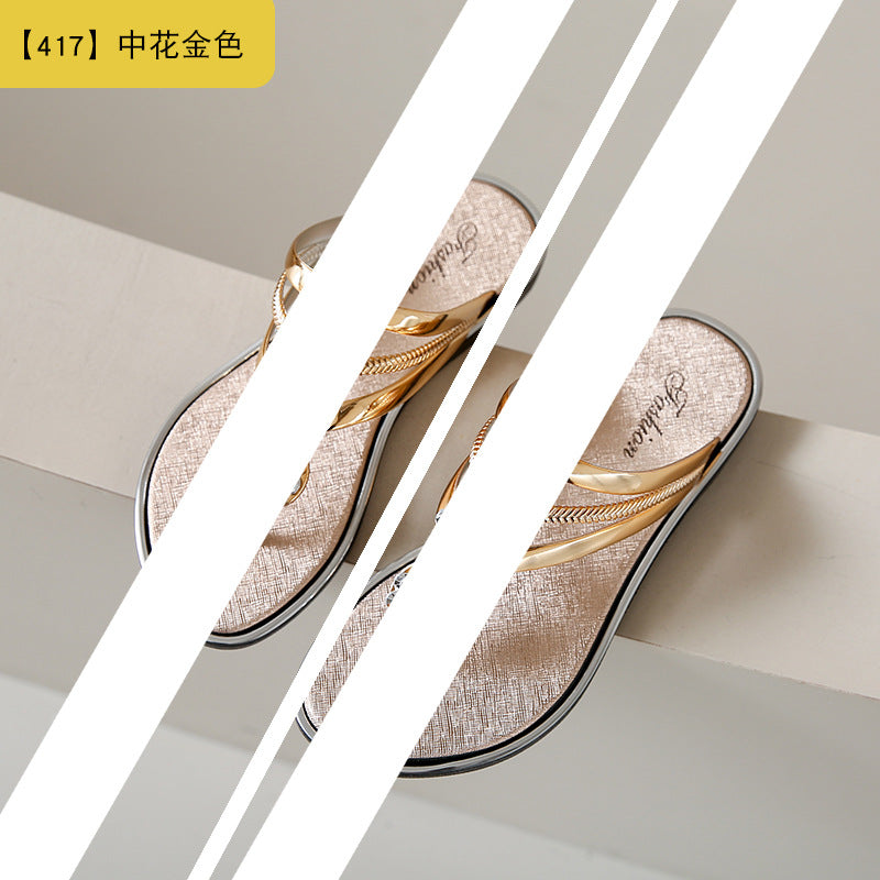 ANTMVS Foreign Trade Flip-Flops Women's Outer Slippers Summer Flat Three Flowers with Diamonds Silver Flip Flops Beach Sandals for Women