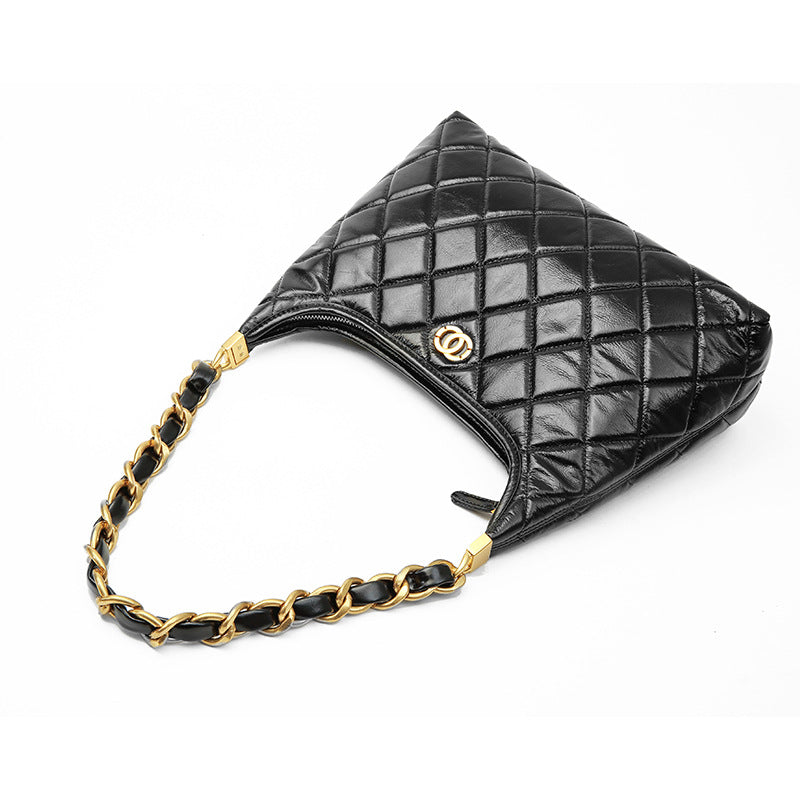 ANTMVS Rhombus chain bag women's 2025 new high-end DIY Xiaoxiangfeng shoulder first layer oil wax cowhide underarm bag