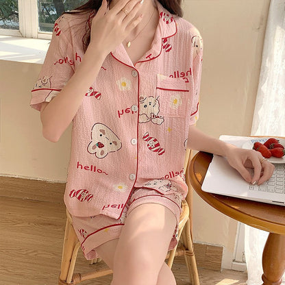 Antmvs -  Women's All Over Print Elastic Waist Pyjama Set, Button Front Top & Bow Decor Shorts, Summer Sleepwear, Pajama Sets Women, Nightwear Set for Women