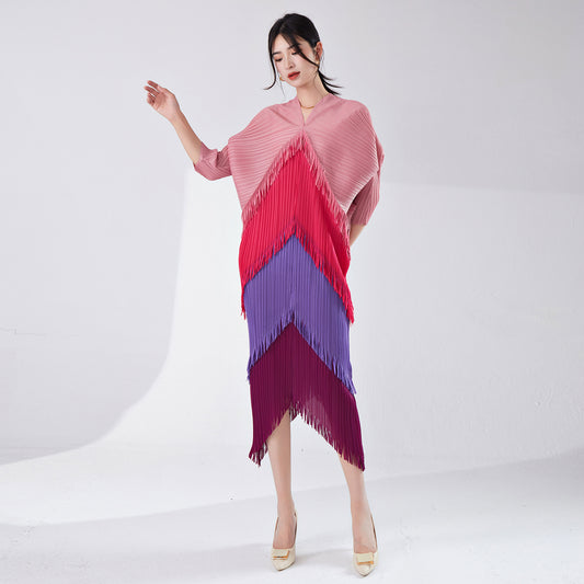 2025 hot-selling dress spring and summer women's design sense contrasting colors tassel irregular loose large-size temperament skirt Popularan goods