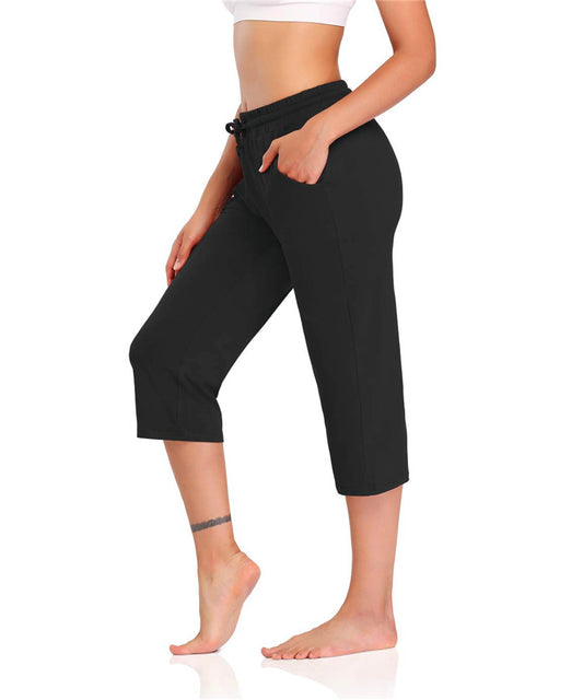 Antmvs Wish New Pocket Drawstring Solid Color Cropped Sports Yoga Straight Casual Women's Pants