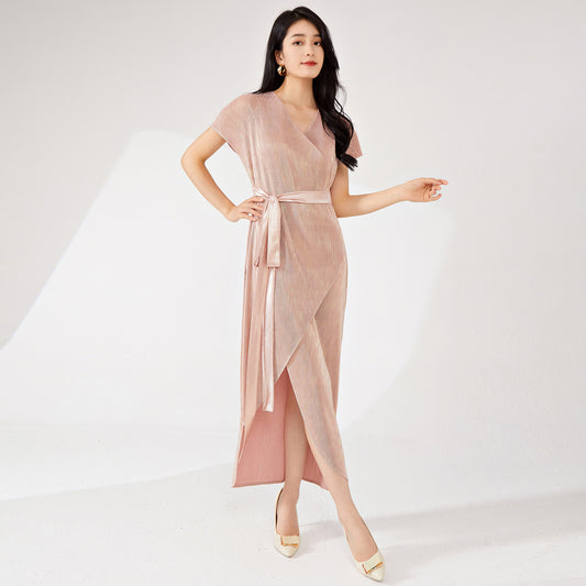 2025 dress spring and autumn women's high-end sense spring and summer new metal texture irregular split tie dress long dress