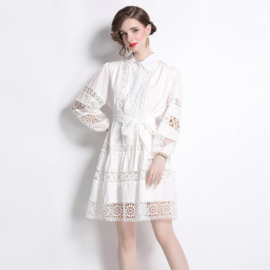 coffee break elegant short skirt popular summer new lapel embroidered lace strap waist thin dress women
