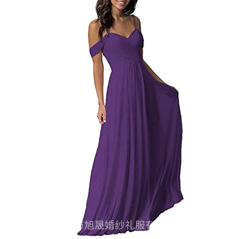 Women's off-the-Shoulder Chiffon A- line Ruffled Bridesmaid Dress Long Evening Gown Formal Dress for Prom Party