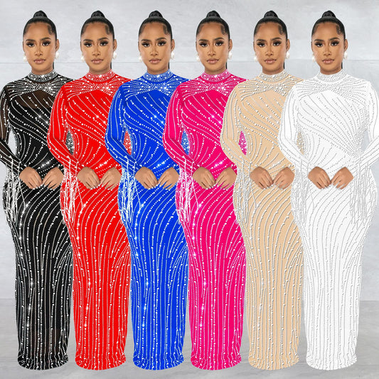 ANTMVS C6266   2025 fashion women's clothing mesh see-through hot diamond long-sleeved long skirt lined two-piece set