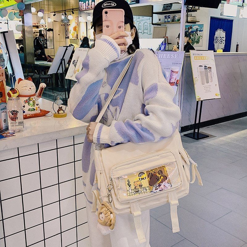 ANRMVS South Korea Ins Large Capacity Student Class Bag Transparent Cartoon Backpack Japanese Harajuku Vintage Style Girl One-Shoulder Crossbody Bag