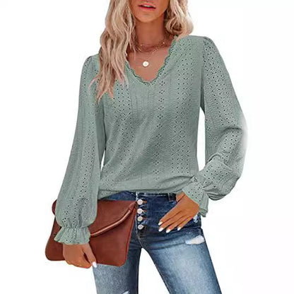 ANTMVS New Cross-Border European and American Style Women V-neck T-shirt Autumn Hollowed Leisure Pleated Sleeve Top Shirt