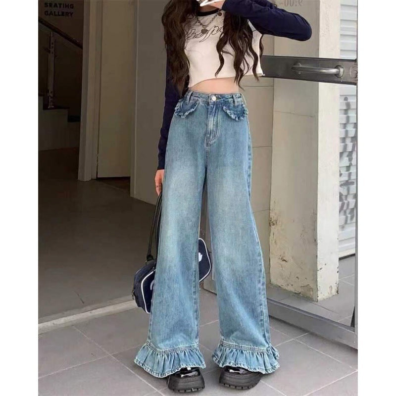 In Stock New Hong Kong Style Loose Slimming Slightly Flared Spring and Autumn Jeans Korean Style High Waist Mop Trousers Women Ruffles