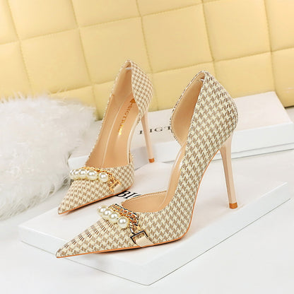 ANTMVS  8829-1 [Customized] High Heel Shoes Plaid Side Hollow Houndstooth Pearl Metal Chain Super High Heel Shoes