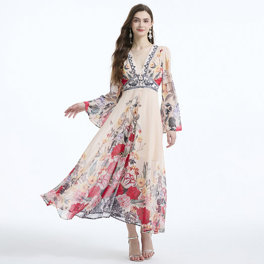 women's clothing V-neck horn sleeves painted and printed chiffon seaside waist ruffle edge skirt two-piece dress