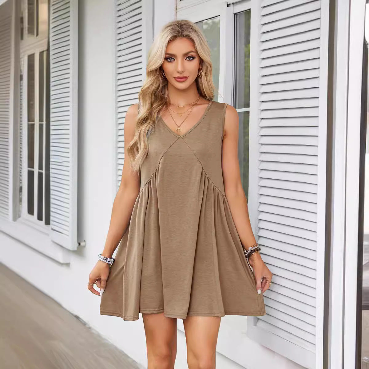 Antmvs -  Womens Summer Mini Dress Casual Short Sleeve Loose V Neck Swing Sundress with Pocket Womenswear Underwear