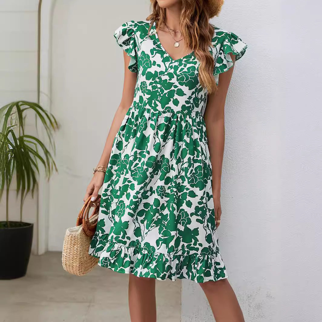 ANTMVS Summer New Popular Leaf Printed Dress V-neck Ruffled Sleeve Leisure Holiday Dress Dress