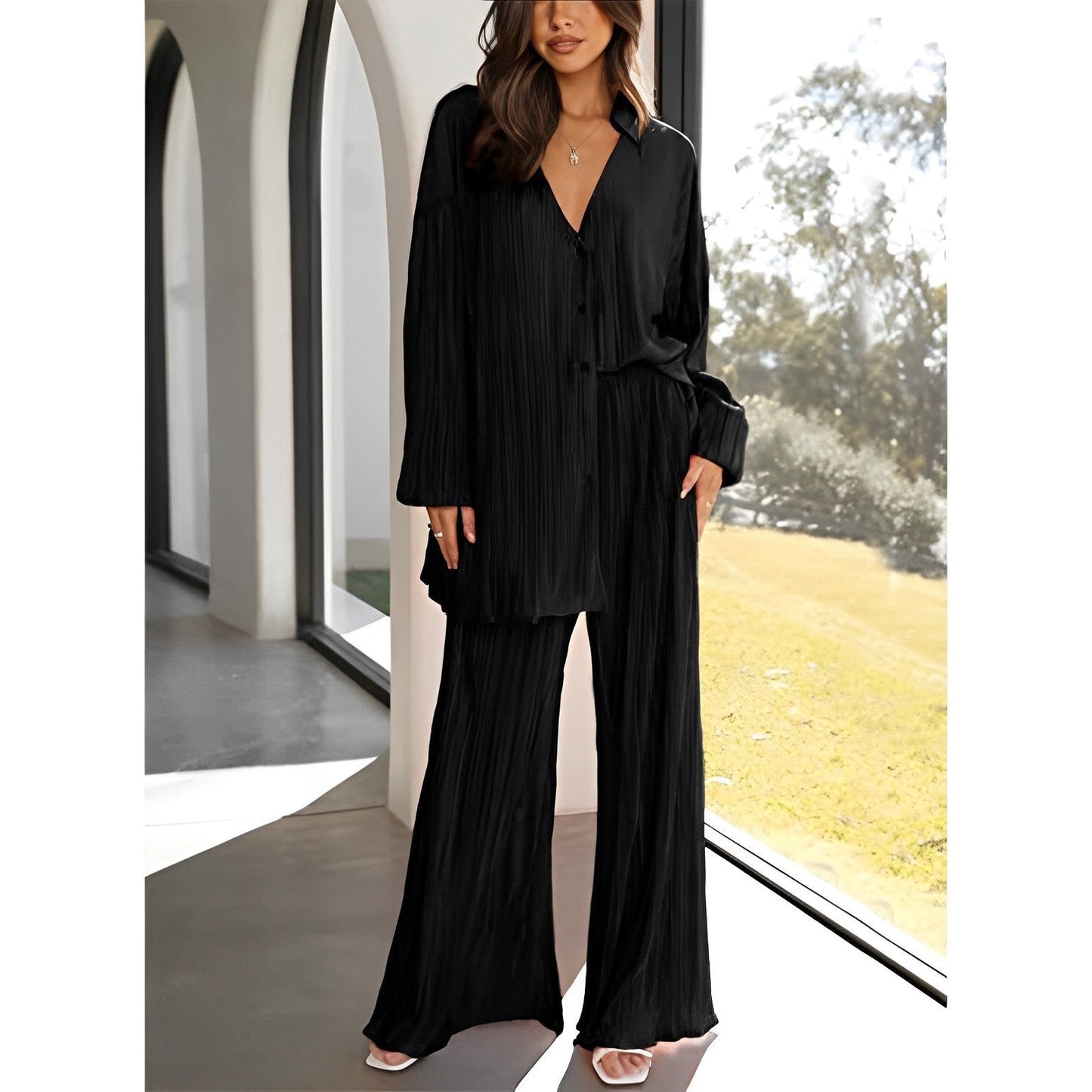 Antmvs -  New Cross-border Women's Spring Solid Color Pleated Single-breasted Top High Waist Wide-leg Flared Pants Home Wear Suit