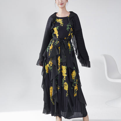 2025 Hot trade Sanzhai autumn dress high-end long-sleeved retro printing loose large size lace-up temperament elegant long dress