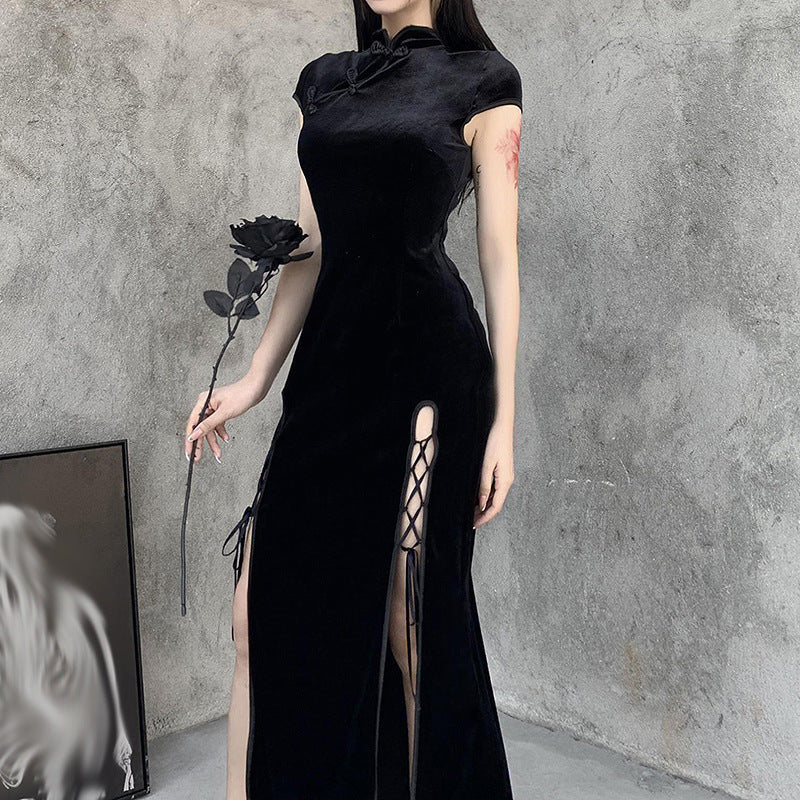 Cheongsam Dress Improved Dress Summer New Chinese Style Sexy Slit Lace-up Cool Chic Black Temperament Long Dress 2023