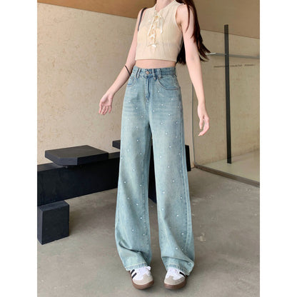 Real Shot Rhinestone Multi-Color Wide Leg Jeans for Women 2024 Spring and Summer New High Waist Straight Loose Draggle-Tail Trousers Tide