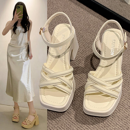 ANTMVS  High Heel Sandals for Women  Summer New Fairy Style with Skirt  Chunky Heel Platform Non-Slip Strap Sandals