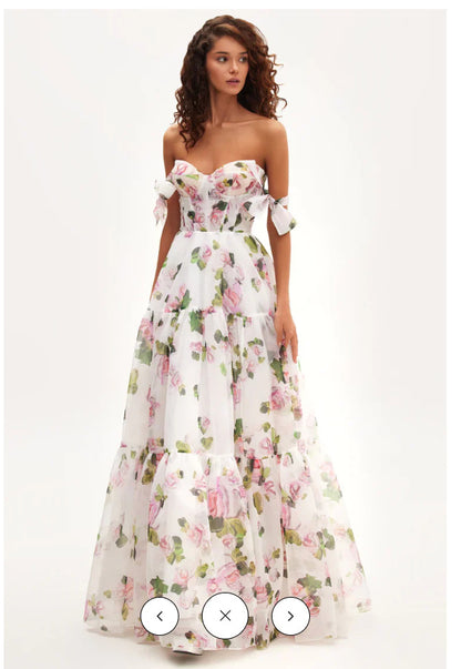 ANTMVS Spring and Summer European and American New Sleeveless Fashion Floral off-the-Shoulder Strap Lace-up Large Swing Skirt Organza Dress