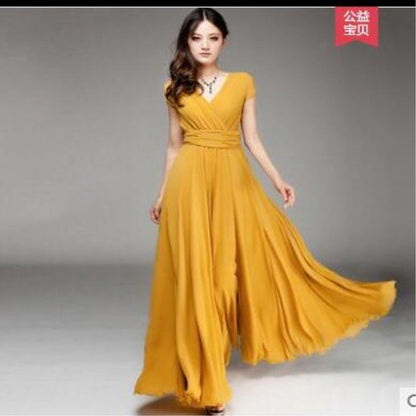 ANTMVS  EBay    Cross Border V-neck Short Sleeve Bohemian Chiffon Waist Dress Evening Dress