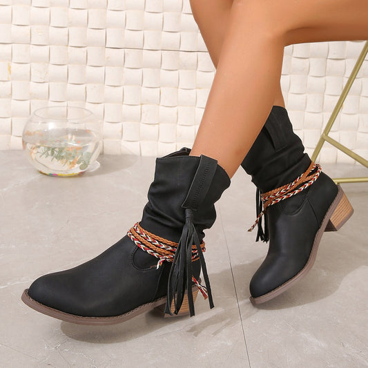 HOTan and NEWn Foreign Trade Women's Boots Retro Ethnic Style Booties Women's Thick High Heel Spanish Style Tassel Cowboy Boot Calf Boots