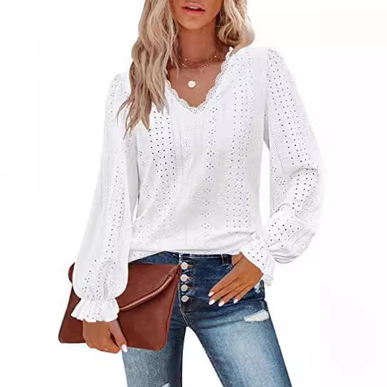 ANTMVS New Cross-Border European and American Style Women V-neck T-shirt Autumn Hollowed Leisure Pleated Sleeve Top Shirt