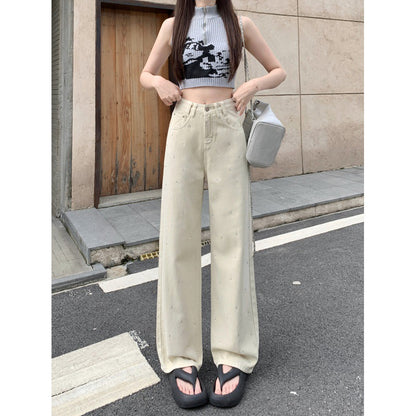 Real Shot Rhinestone Multi-Color Wide Leg Jeans for Women 2024 Spring and Summer New High Waist Straight Loose Draggle-Tail Trousers Tide