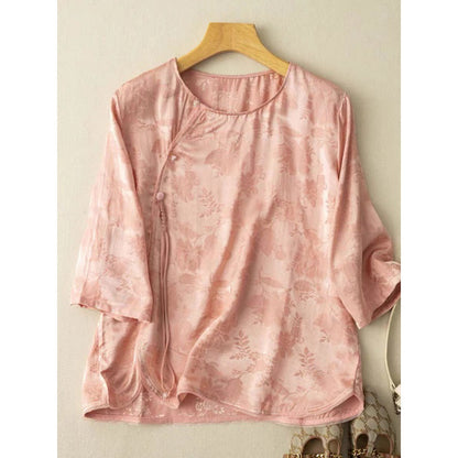 ANTMVS Spring and Summer New Chinese Style Traditional Printed Satin Crew Neck Blouse Tea Clothing Loose Slimming Shirt Artistic Style Female