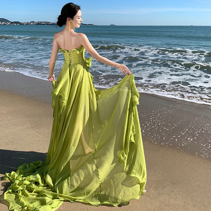 2025 Atmosphere seaside vacation dress niche elf wizard of oz super fairy big pendulum tube top backless trailing dress long dress