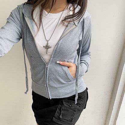 Antmvs -  Women's Plain Pocket Drawstring Zip Up Hoodie, Casual Long Sleeve Hooded Sweatshirt for Summer, Women's Clothing for Daily Wear