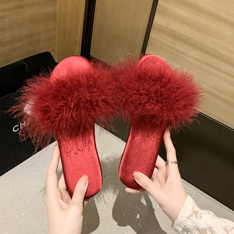 ANTMVS Korean Style Summer New Flat Fluffy Slippers Women's Outer Wear Fashion Trending Low Heel Slippers Feather Flip-Flops