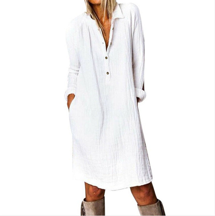 ANTMVS Wish New Spring, Summer, Autumn European and American Women's Clothing  EBay Women's Solid Color Cotton Linen Long Sleeve Dress