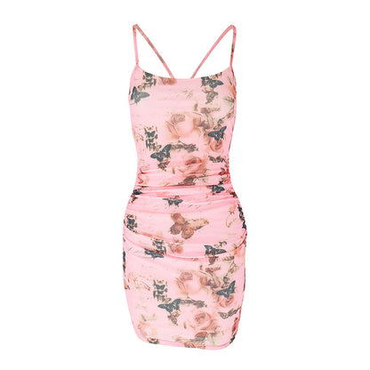 ANTMVS 2025 AC322 butterfly print sexy suspender dress women's early spring waist hip skirt mesh yarn pure desire beauty back skirt