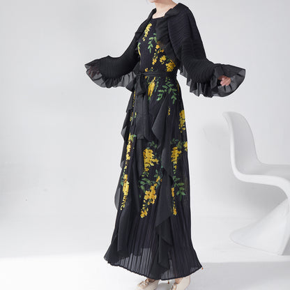 2025 Hot trade Sanzhai autumn dress high-end long-sleeved retro printing loose large size lace-up temperament elegant long dress