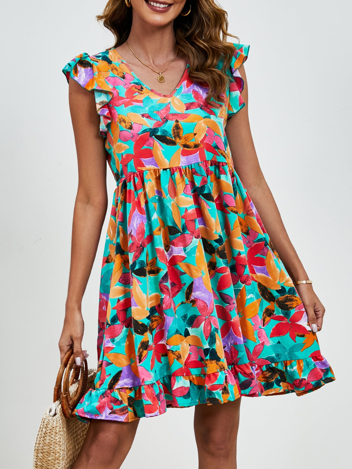 ANTMVS Summer New Popular Leaf Printed Dress V-neck Ruffled Sleeve Leisure Holiday Dress Dress