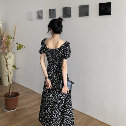 2025 first love sweet tea break square neck bubble sleeves small fresh floral dress black temperament long skirt women's summer