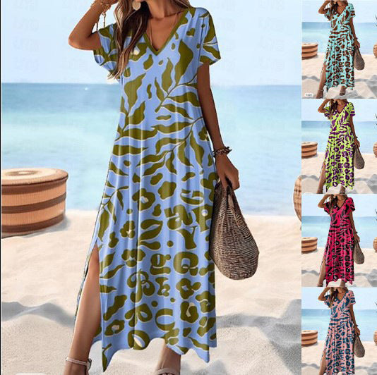 ANTMVS  Summer   Cross Border V-neck Short Sleeve High Waist Plant Floral Print Maxi Dress for Women Dress