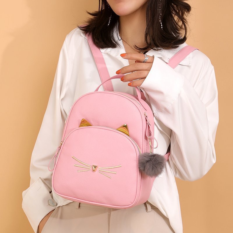 Cartoon Cat Backpack New Fashion Japanese and Korean Pu Simple Cute Casual Women's Bag Fashion Fur Ball Backpack