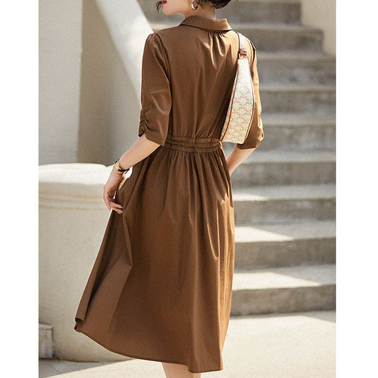 2025 Japanese literary and artistic style cotton dress  summer new temperament women's clothing medium-sleeved medium-length v-neck shirt skirt