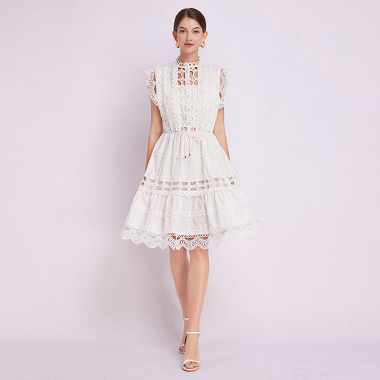 popular summer  retro court style temperament crochet hollow lace A-shaped skirt stand-up collar thin dress