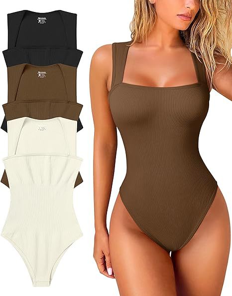 Antmvs -  Women's 3 Piece Basic Bodysuits Sexy Ribbed Strappy Square Neck Sleeveless Bodysuits